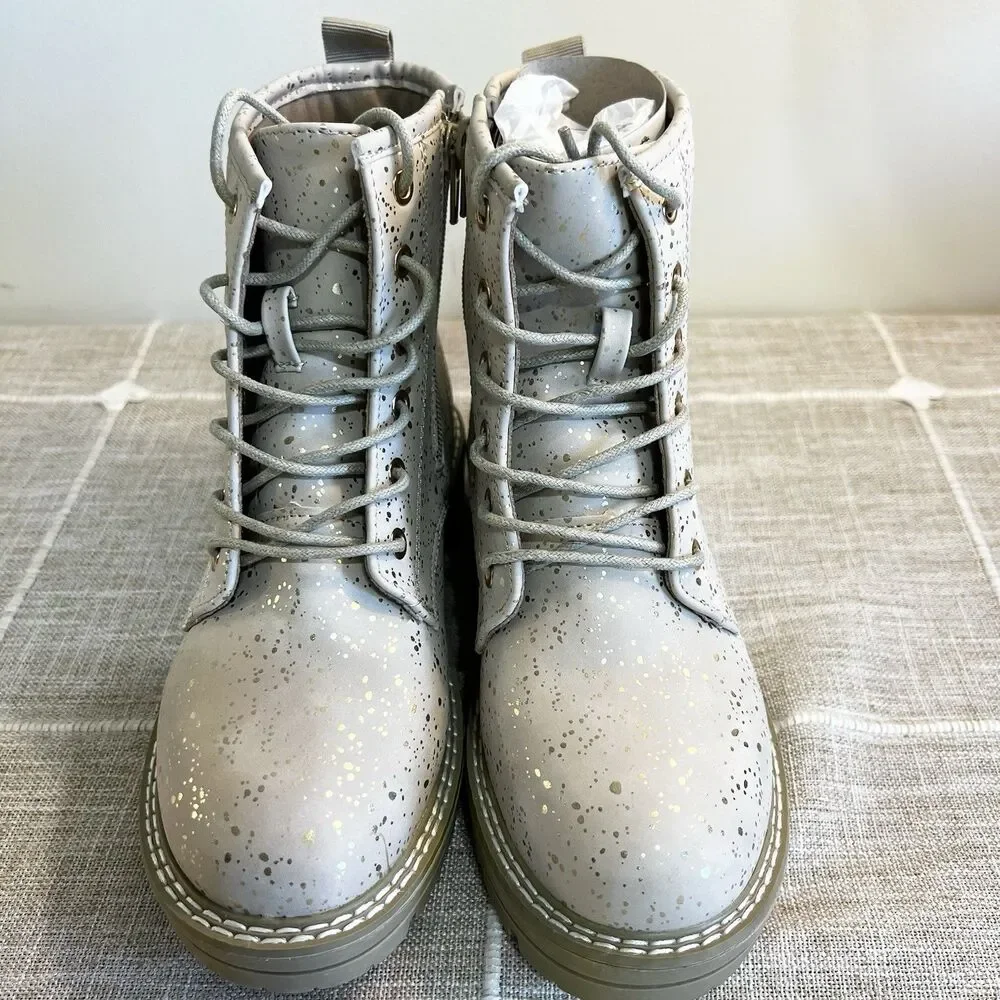 MIA Girl Cammy Combat Boots Beige Gold Paint Splatter NEW Girls Sz 3 Side Zip